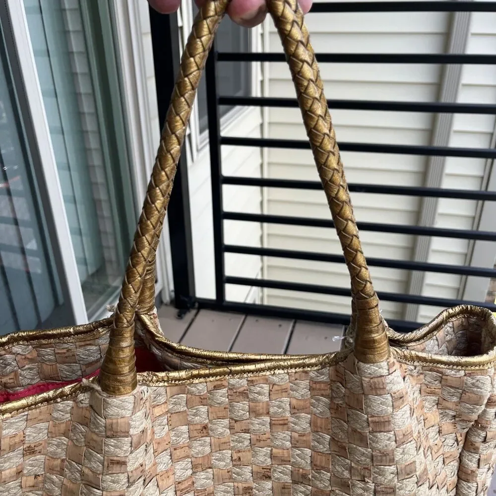 ELAINE TURNER Woven Cork Rope Tote Shoulder Bag Gold Leather Handles Boho